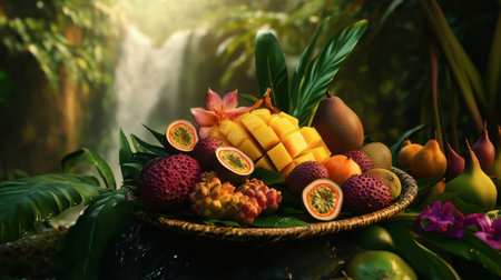 A tropical fruit platter with Thai mango, passion fruit, and lychee, set against a lush jungle backdrop.の素材