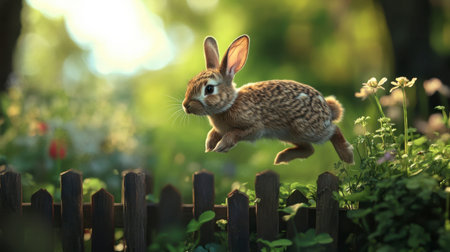 A rabbit hopping over a small wooden fence in a garden, full of energy and grace.の素材