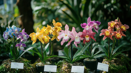 A variety of exotic orchids on display at a botanical garden, with labels identifying each species.の素材
