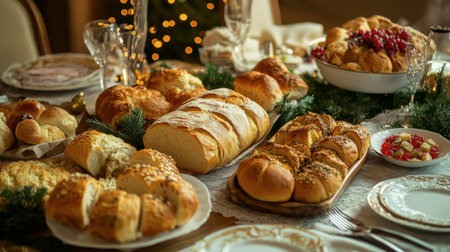 A variety of gourmet breads and rolls arranged on a festive dining table, ready for a family meal.の素材