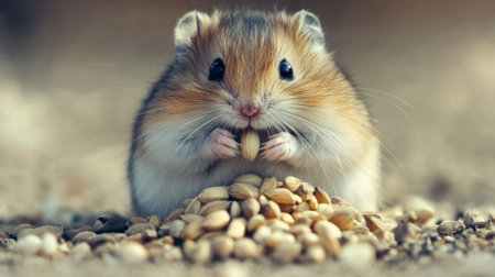 A hamster stuffing its cheeks with seeds, preparing to store them for later.の素材