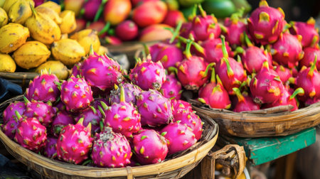 A vibrant display of Thai tamarinds, dragon fruits, and mangosteens in a traditional market setting.の素材