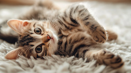 A small cat lying on a fluffy rug, playfully rolling onto its back and showing its belly.の素材