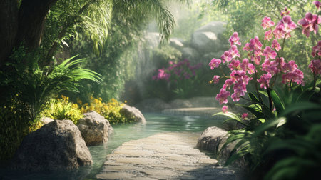 A tranquil outdoor scene with orchids growing alongside a garden path, inviting exploration.の素材