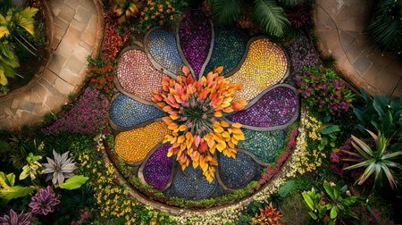 A stunning aerial view of an orchid garden, with a mosaic of colors creating a breathtaking pattern.の素材