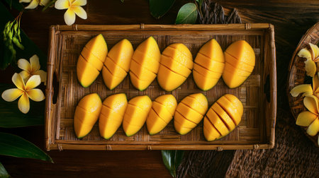 A vibrant display of freshly cut Thai mangoes, known for their sweet, juicy taste, arranged on a bamboo tray.の素材