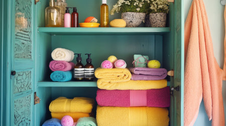 A vibrant bathroom cabinet stocked with colorful towels, bath bombs, and essential oils, creating a relaxing spa-like atmosphere.の素材