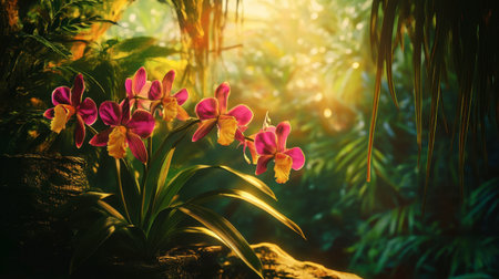 An orchid plant with trailing vines, showcasing its growth and vibrant blooms in a tropical setting.の素材