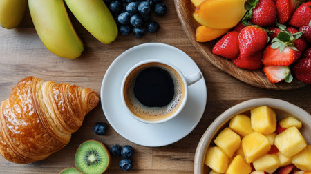 An overhead shot of a breakfast spread featuring a cup of coffee, a croissant, and a bowl of fresh fruit.の素材