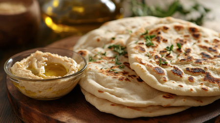 Fresh pita bread on a wooden platter, served alongside hummus and olive oil for a Mediterranean meal.の素材