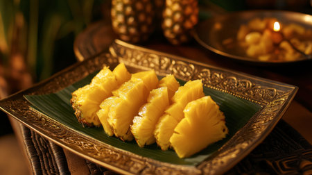 Freshly cut Thai pineapples arranged on a traditional Thai plate, showcasing their golden sweetness.の素材