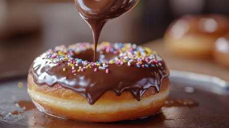 Close-up of a freshly glazed donut being dipped into chocolate by hand, with sprinkles nearby.の素材