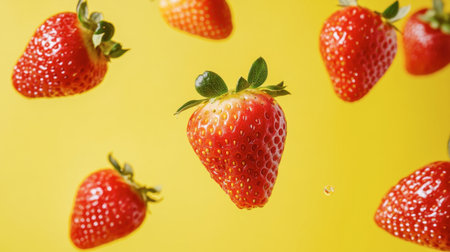 Several strawberries floating against a yellow background, creating a fun and vibrant composition.の素材
