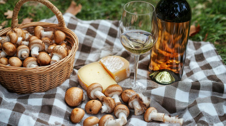 An inviting picnic setup with a basket of sweet honey mushrooms, paired with wine and gourmet cheese on a checkered blanket.の素材