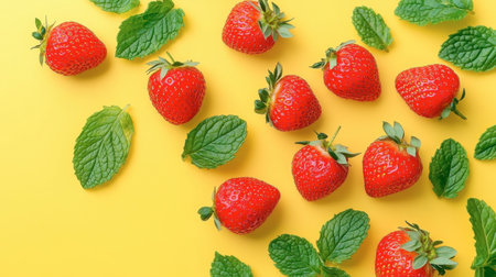 Fresh strawberries alongside mint leaves, displayed on a yellow background for a refreshing look.の素材
