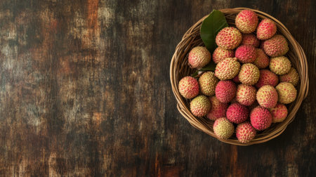 Fresh Thai lychees in a traditional bamboo basket, arranged on a rustic wooden table.の素材