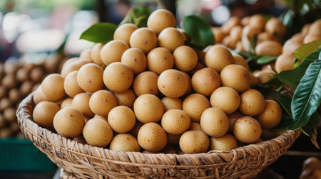 Fresh Thai longan fruits piled high in a traditional basket, showcasing their translucent, sweet flesh.の素材