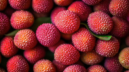 Close-up of fresh Thai lychees, their bright red skin peeled back to reveal the juicy, sweet flesh inside.の素材