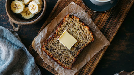 Slices of homemade banana bread, served with butter and a hot cup of coffee for a cozy breakfast.の素材