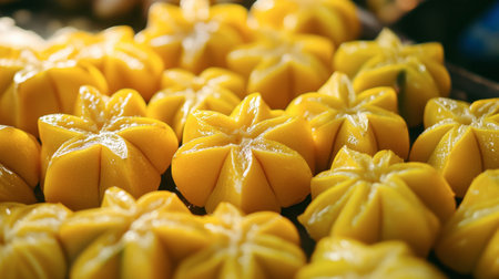 Thai starfruits arranged on a table, their golden yellow color and unique star-shaped slices tempting to eat.の素材