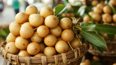 Fresh Thai longan fruits piled high in a traditional basket, showcasing their translucent, sweet flesh.の素材