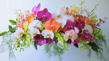 Orchids of different colors and sizes arranged in a beautiful bouquet for a floral centerpiece.の素材