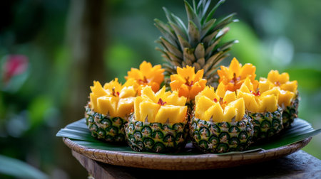 Freshly cut Thai pineapples arranged on a traditional Thai plate, showcasing their golden sweetness.の素材
