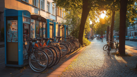 A picturesque bike-sharing station in a European city, promoting sustainable and eco-friendly transportation options.の素材