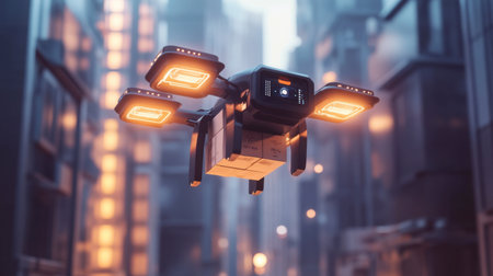 A delivery drone in mid-flight, carrying a package to its destination, representing future transportation and logistics.の素材