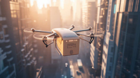 A delivery drone in mid-flight, carrying a package to its destination, representing future transportation and logistics.の素材