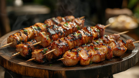 A backyard barbecue scene with grilled pork and chicken skewers being served on a rustic wooden platter.の素材