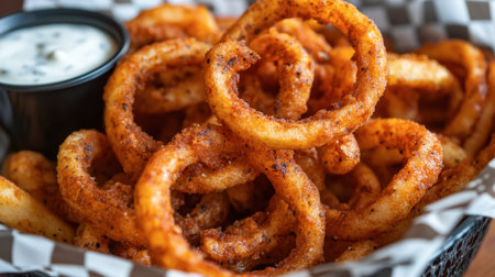 A basket of Cajun-spiced curly fries, crispy and full of flavor, with a side of ranch dipping sauce.の素材