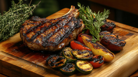 A beautifully charred pork chop and grilled chicken leg resting on a wooden board, accompanied by grilled veggies and fresh herbs.の素材