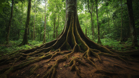 A big tree with exposed roots spreading across a forest floor, surrounded by smaller trees and lush greenery, showcasing the tree's natural dominance.の素材