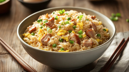 A bowl of Chinese-style fried rice with pork, egg, and green onions, served with chopsticks on the side.の素材