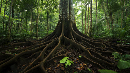 A big tree with exposed roots spreading across a forest floor, surrounded by smaller trees and lush greenery, showcasing the tree's natural dominance.の素材