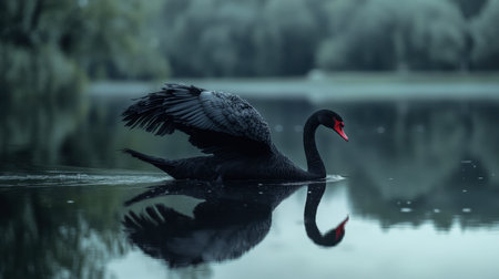 A black swan gliding across a glassy lake, its dark feathers contrasting beautifully with the reflective water.の素材