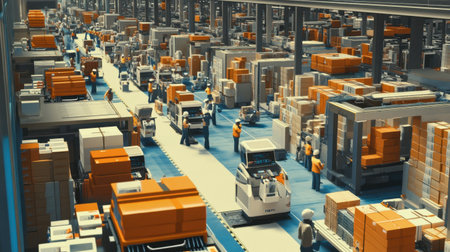 A bustling logistics center in Korea, filled with workers and robots managing packages, representing the efficiency of Korea shipping and distribution industry.の素材