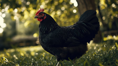 A close-up of a black Australorp chicken, its glossy feathers shimmering in the sunlight as it struts through the yard.の素材
