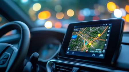 A close-up of a GPS navigation system inside a car, showing a route being mapped out on the screen.の素材