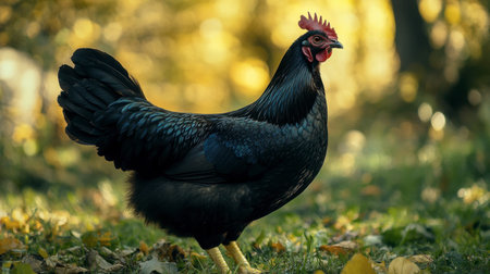 A close-up of a black Australorp chicken, its glossy feathers shimmering in the sunlight as it struts through the yard.の素材