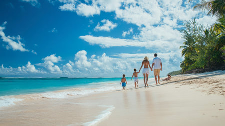 A couple walking hand-in-hand along the beach, with their children playing in the sand nearby, the perfect family vacation scene.の素材