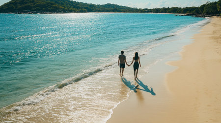A couple walking hand-in-hand along the serene beach of Nual Beach in Koh Larn, with soft waves lapping at their feet.の素材