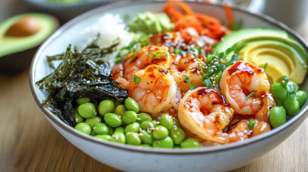 A colorful poke bowl featuring shrimp, edamame, avocado, and seaweed, drizzled with a soy-based sauce and served on a wooden table, offering a healthy, fresh meal.の素材