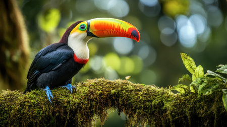 A close-up of a vibrant toucan with its oversized, colorful beak, perched on a mossy branch in the jungle.の素材