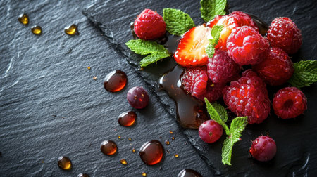 A collection of red ground fruits arranged artfully on a dark slate platter, complemented by sprigs of mint and a light drizzle of honey, perfect for a gourmet presentation.の素材