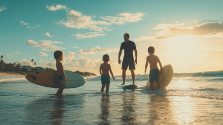 A dad teaching his kids how to surf, standing in the shallow water with surfboards while encouraging them to ride their first wave.の素材