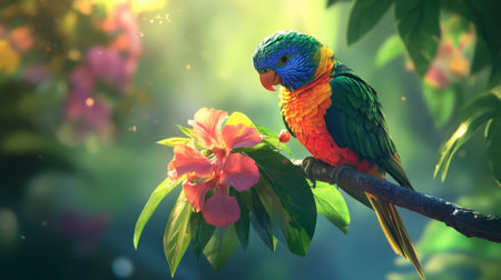 A colorful lorikeet perched on a branch, sipping nectar from a bright tropical flower, its feathers glowing in the sunlight.の素材