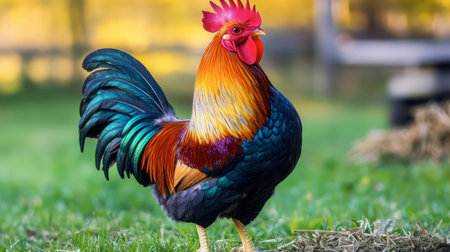 A colorful rooster strutting through a barnyard, its bright red comb and iridescent feathers catching the light.の素材