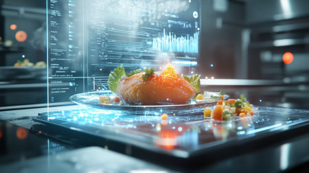 A digital chef using AI to craft the perfect meal, showing a futuristic screen displaying a 3D rendering of the food being created before it's physically prepared.の素材